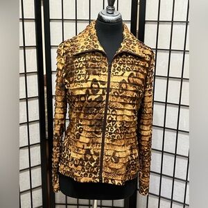 CLARA S. Vintage Animal Print Ruffled Zip-Front Jacket - Gold Brown WOMEN SIZE L